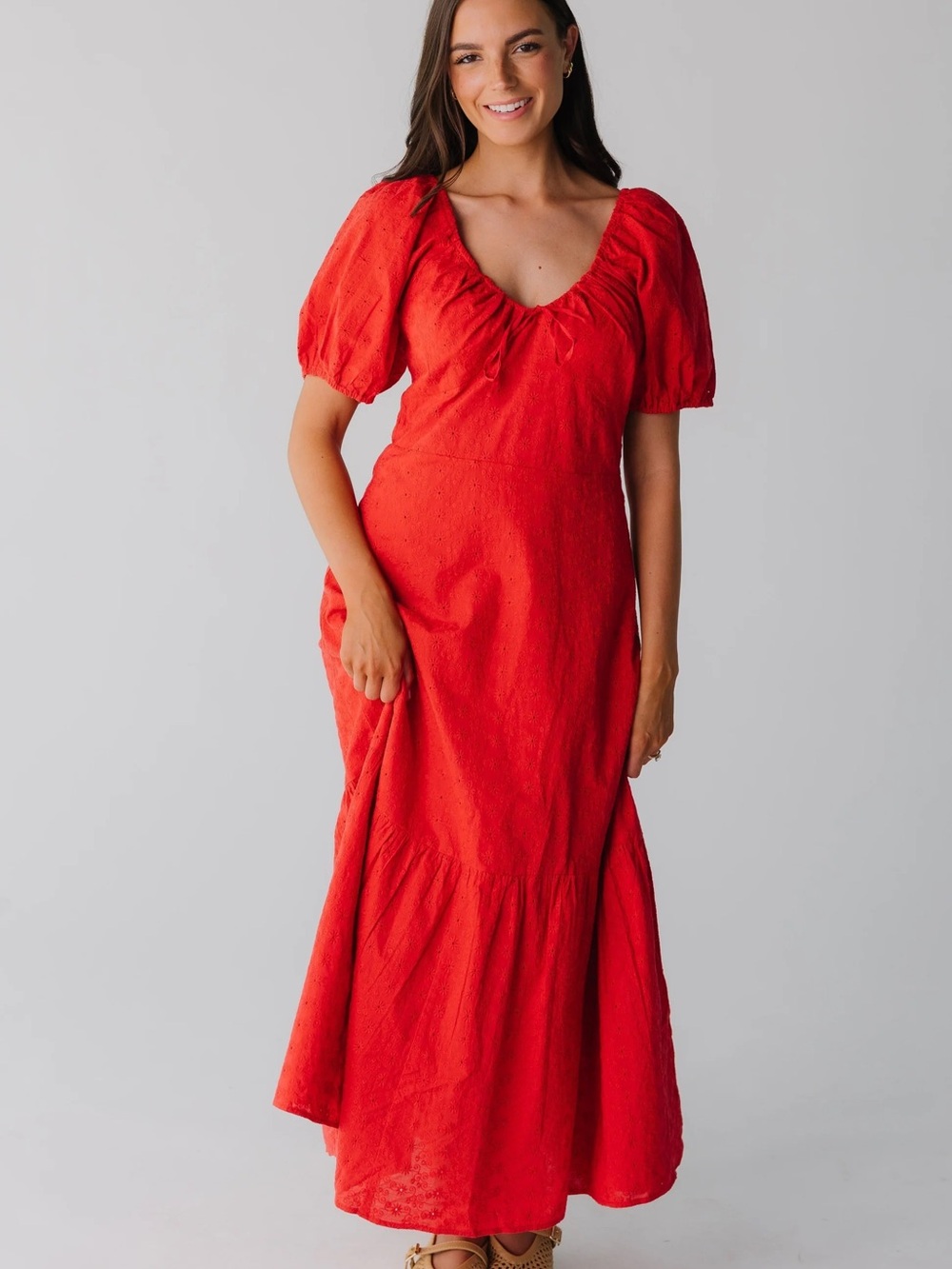 Citrus Red Eyelet Midi Dress - Women